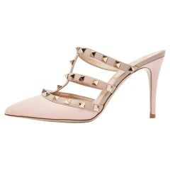 Valentino Pink/Beige Leather Rockstud Mule Sandals Size 36