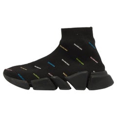 Balenciaga Black Logo Print Knit Fabric Speed Trainer Sneakers Size 38