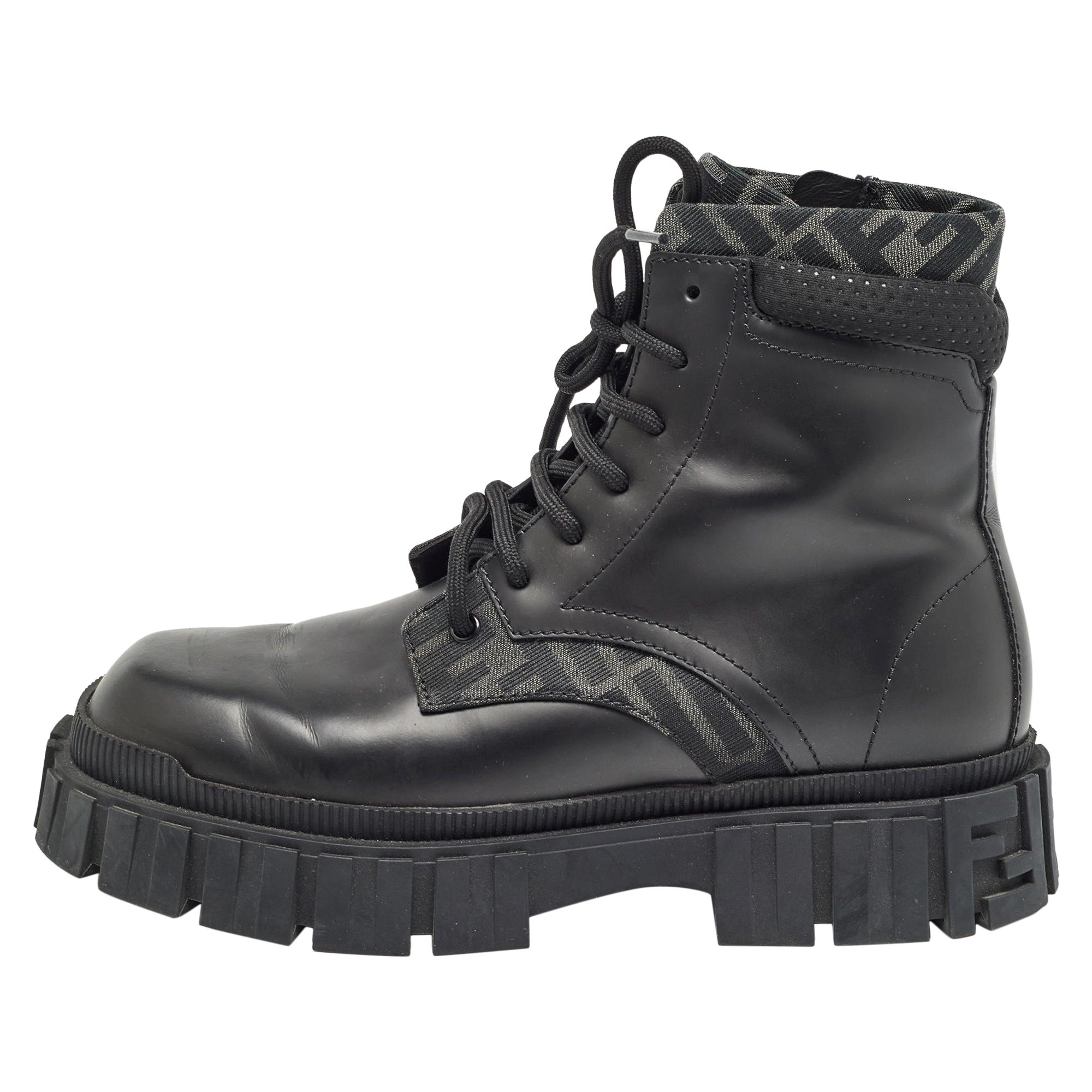 Fendi Black Leather and Canvas Ankle Boots Size 41 For Sale