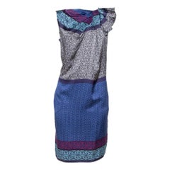 Emporio Armani Blau Bedruckte Seide Drapierter Ausschnitt Detail Shift Kleid M
