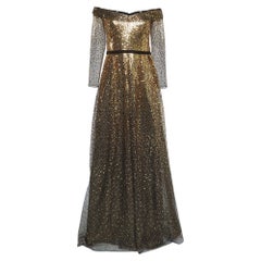 Used Notte By Marchesa Black Gold Sequined Embellished Tulle Gown L