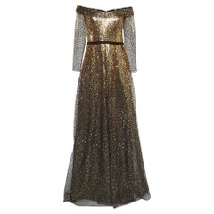 Notte By Marchesa Schwarz Gold Paillettenbesetztes verziertes Tüllkleid L