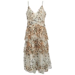 Used Notte By Marchesa Beige Embellished Printed Tulle Tiered Gown XL