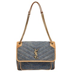 Saint Laurent Blau/Beige Matelasse Denim und Wildleder Medium Niki Umhängetasche