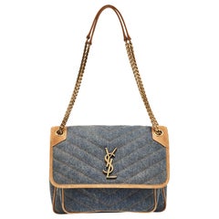 Saint Laurent Blue/Beige Matelasse Denim and Suede Medium Niki Shoulder Bag