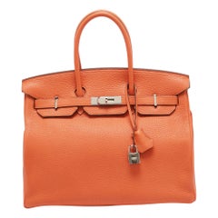 Hermes Feu Taurillon Clemence Palladium Finish Birkin 35 Bag