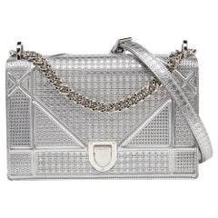 Dior Silver Microcannage Patent Leather Medium Diorama Flap Shoulder Bag