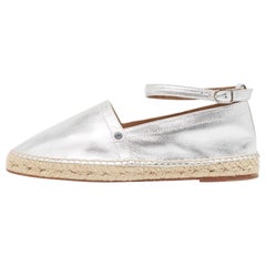 Hermes Silver Leather Malaga Espadrille Flats Size 38