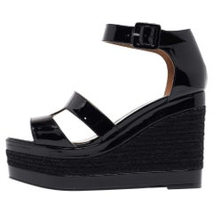 Hermes Black Patent Leather Ilana Espadrille Wedges Sandals Size 37