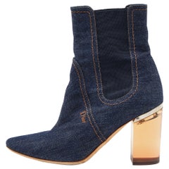 Dior Blue Denim Cube Block Heel Ankle Booties Size 37.5