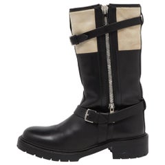 Hermes Black/White Leather Suede Mid Calf Vancouver Buckle Detail Boots Size 40