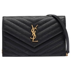 Saint Laurent Black Matelassé Leather Envelope Wallet on Chain