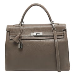 Hermes Etain Taurillion Clemence Leather Palladium Finish Kelly Retourne 35 Bag