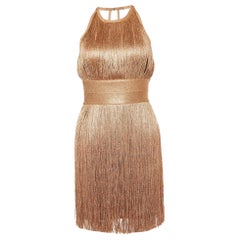 Herve Leger Metallic Rose Gold Fringed Mini Dress XS