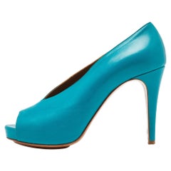 Hermes Blue Leather V-Neck Peep Toe Platform Pumps Size 38