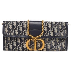 Dior Navy Blue Oblique Canvas and Leather 30 Montaigne Chain Clutch
