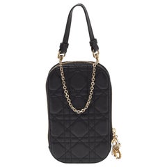 Dior Black Cannage Leather Lady Dior Chain Phone Holder Crossbody Bag