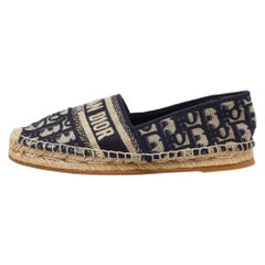 Used Dior Navy Blue Oblique Embroidered Canvas Granville Espadrille Flats Size 35