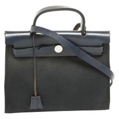 Hermes Bleu Index/Black Canvas and Leather Herbag Zip PM Bag