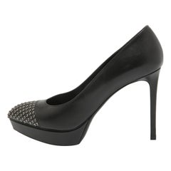 Saint Laurent Black Leather Crystal Embellished Pumps Size 38.5