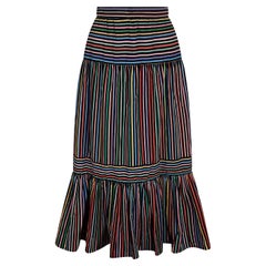 1970s Jupe Multicolour Striped Cotton Velvet Embossed Skirt