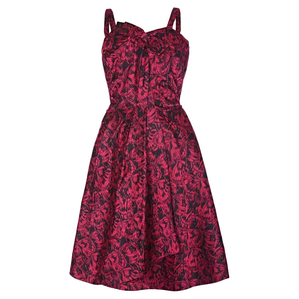 Perrine Couture 1950s Red Silk Butterfly Print Dress For Sale