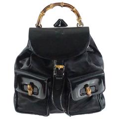 Gucci Black Fabric and Leather Backpack with Bamboo Detail 