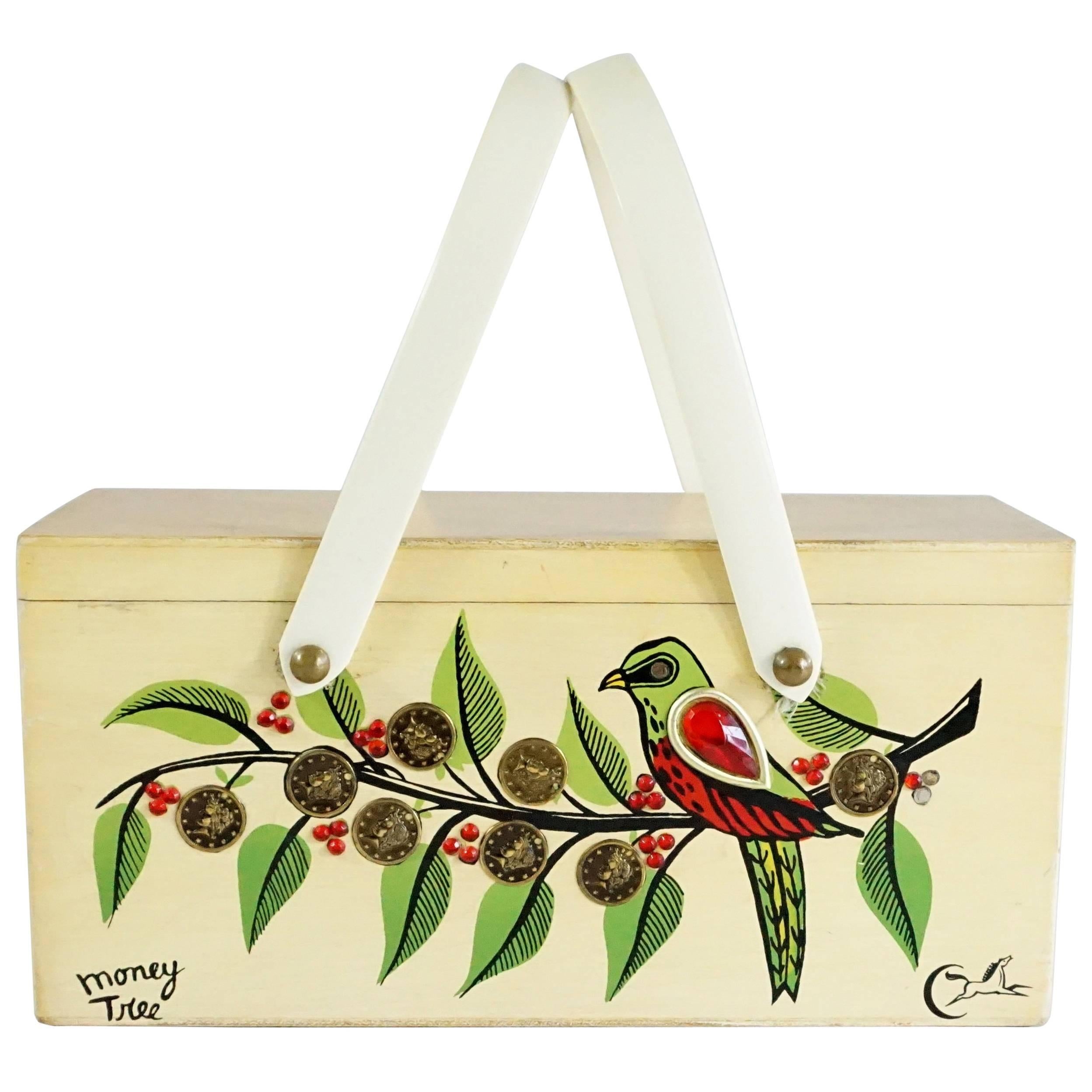 Enid Collins Beige Wood "Money Tree" Painted Bag with Coins - 1960's For Sale