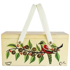 Enid Collins Beige Wood "Money Tree" Painted Bag with Coins - 1960's