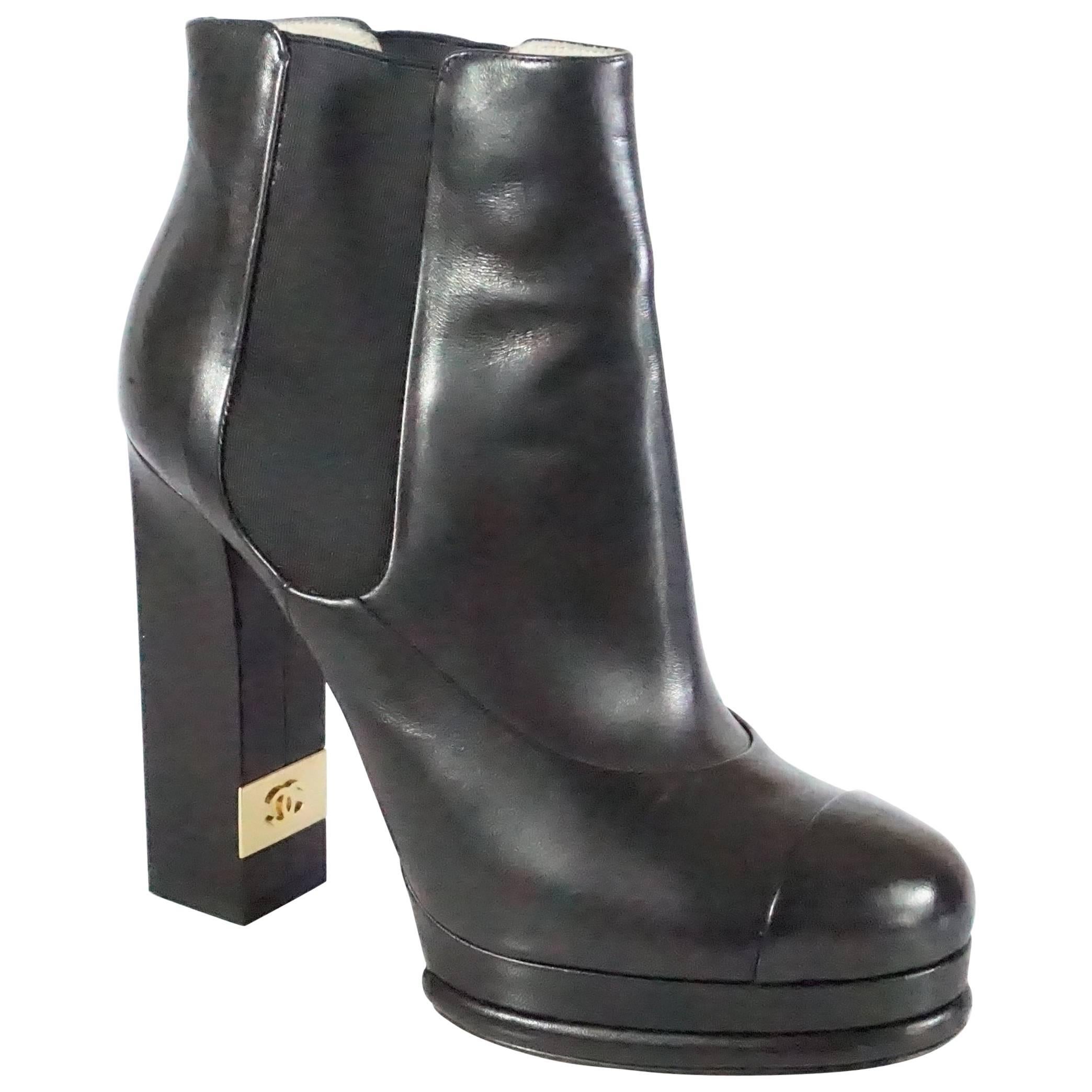 Chanel Black Leather Platform Ankle Boots - 37.5