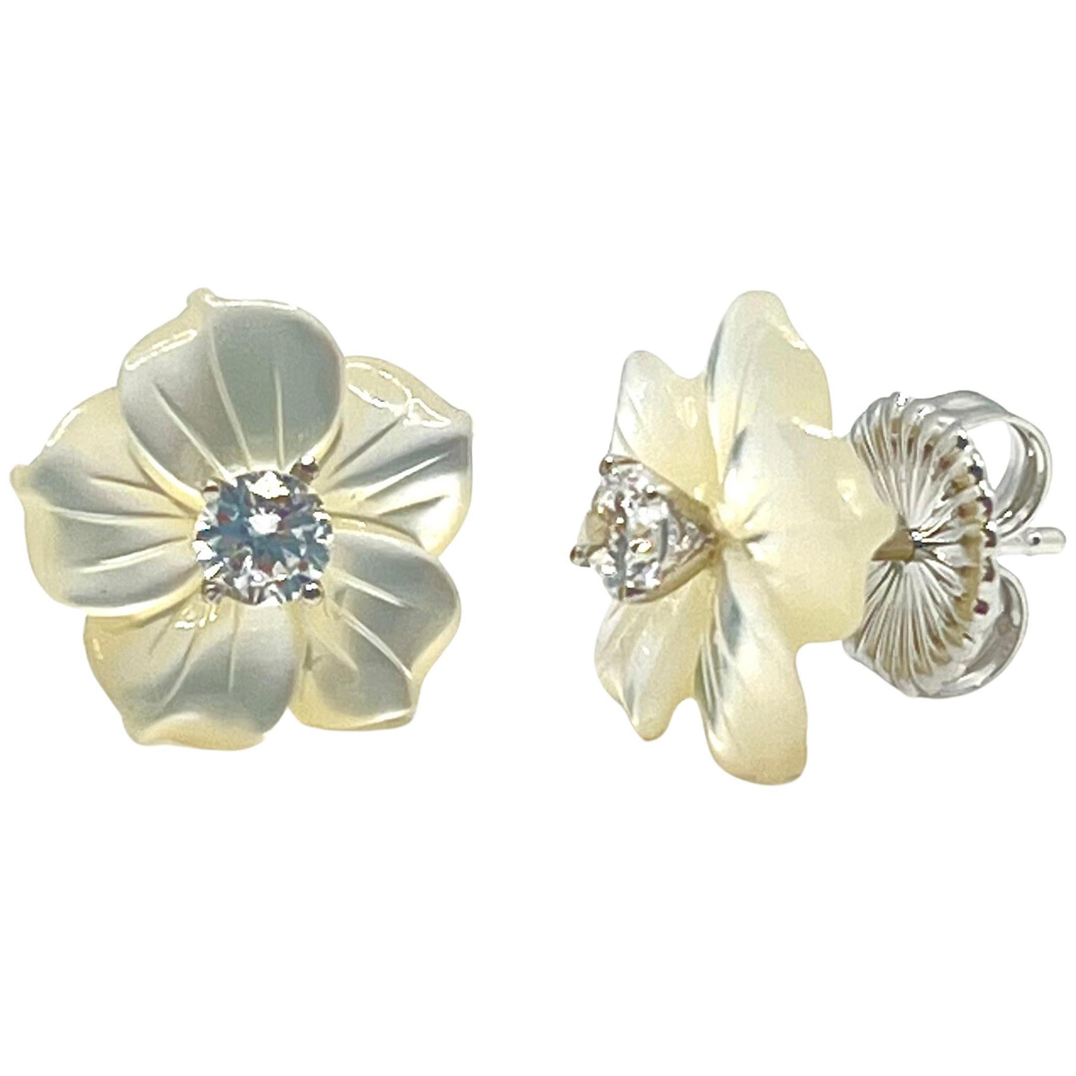 14mm Carved Mother of Pearl Flower Earrings