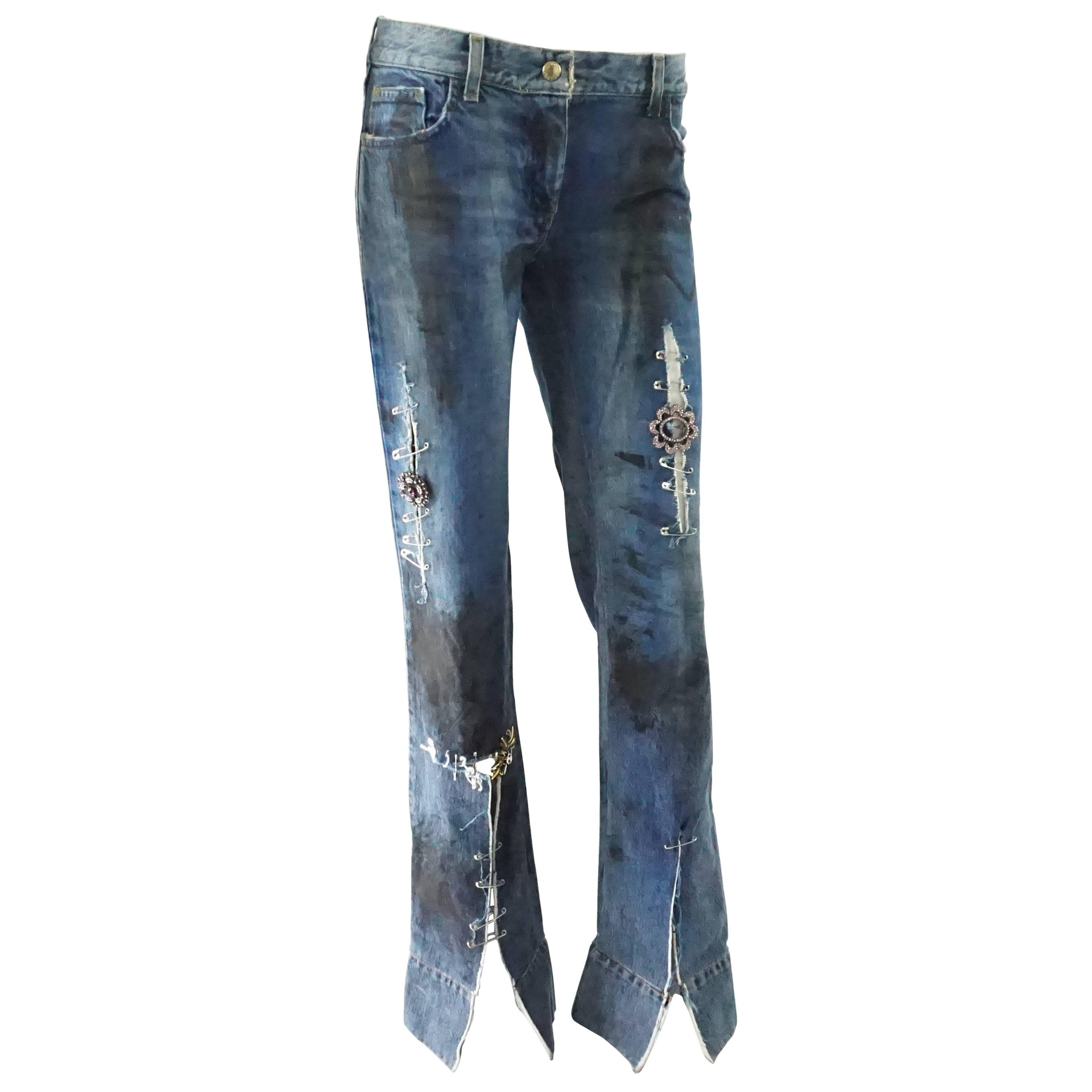 Dolce & Gabbana Ripped Grunge Jeans with Rhinestone Brooches - S