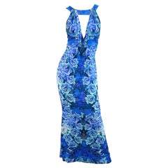 NWT Roberto Cavalli 2000s Ocean Blue Turquoise Rose Print Jersey Maxi Dress Gown