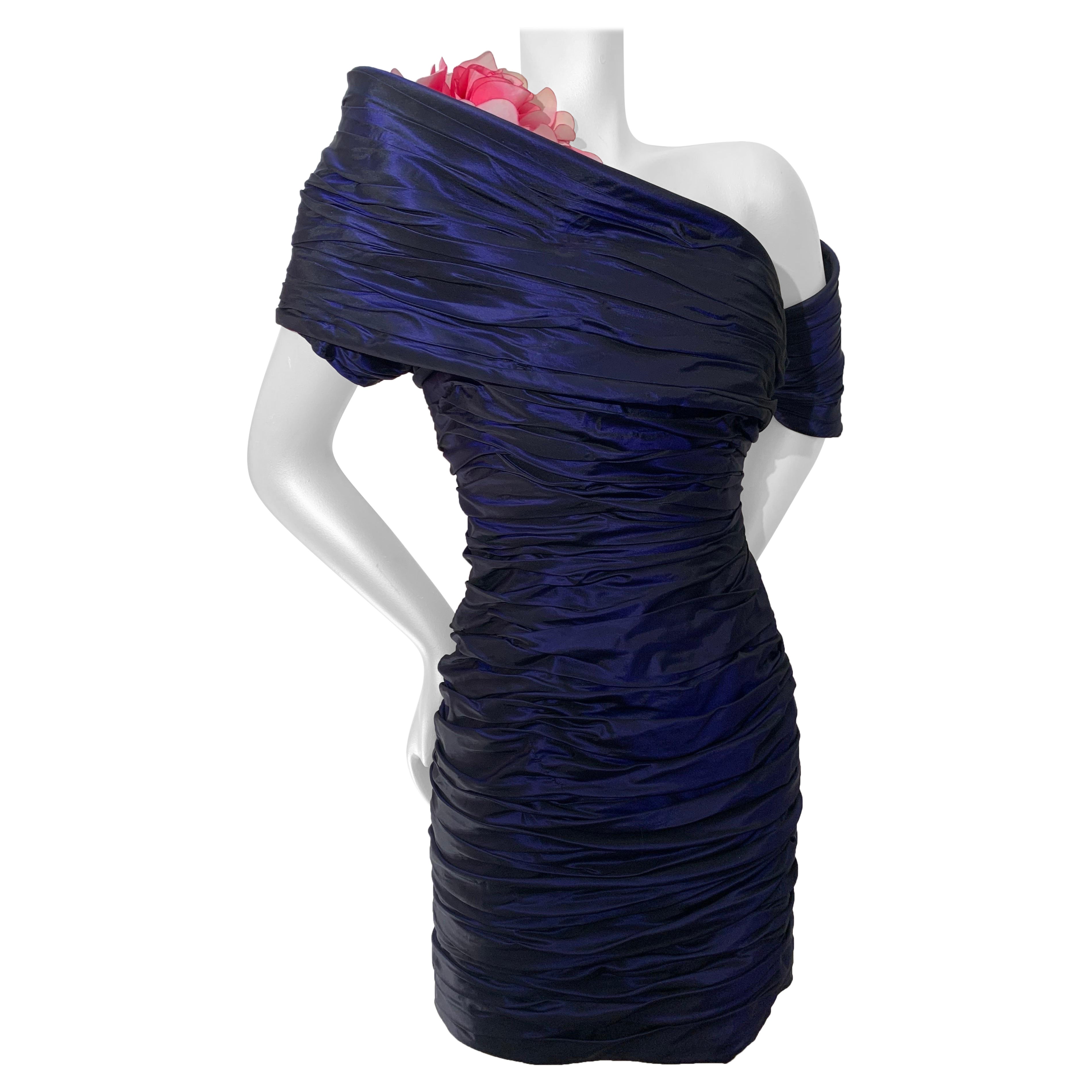 1980s Jacqueline de Ribes Deep Purple Taffeta One-Shoulder Cocktail Dress w Rose For Sale