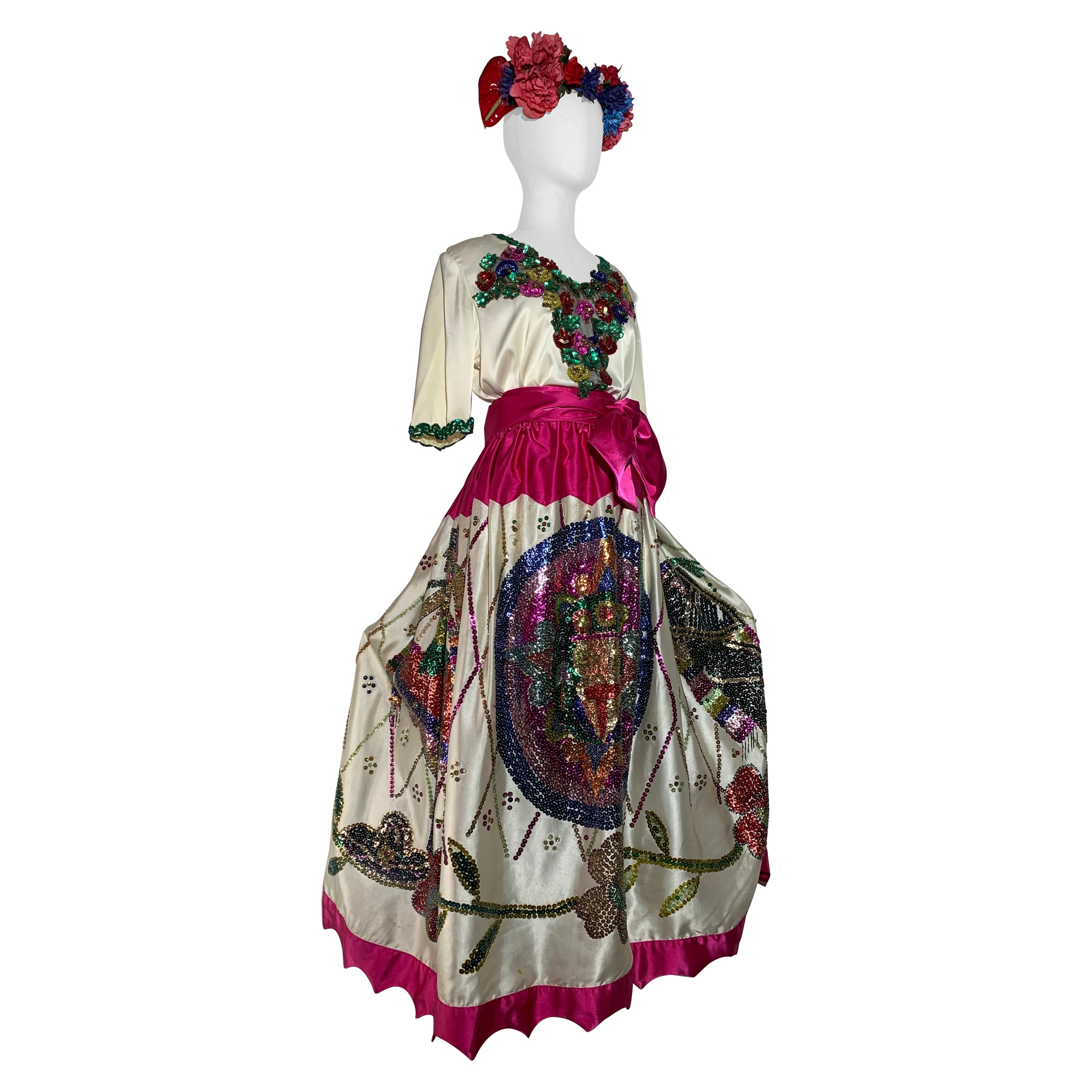 1980s 2-Piece White Sateen Beaded & Sequined Mexican-Inspired Festival Set For Sale