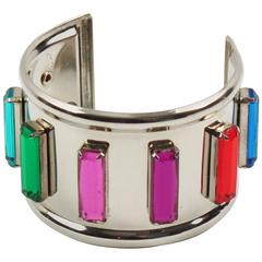 French Modernist Space Age Chrome Cuff Bracelet with Rainbow Rhinestones