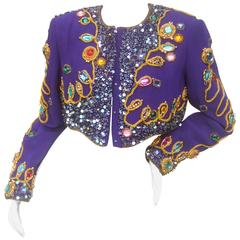 Vintage Spectacular Jewel Encrusted Violet Silk Bolero Jacket c 1980s