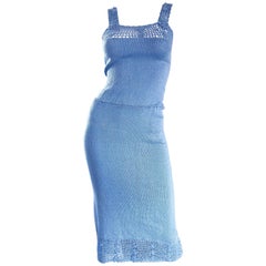 Oscar de la Renta Light Blue Knit Crochet Vintage Sleeveless Dress, 1970s 