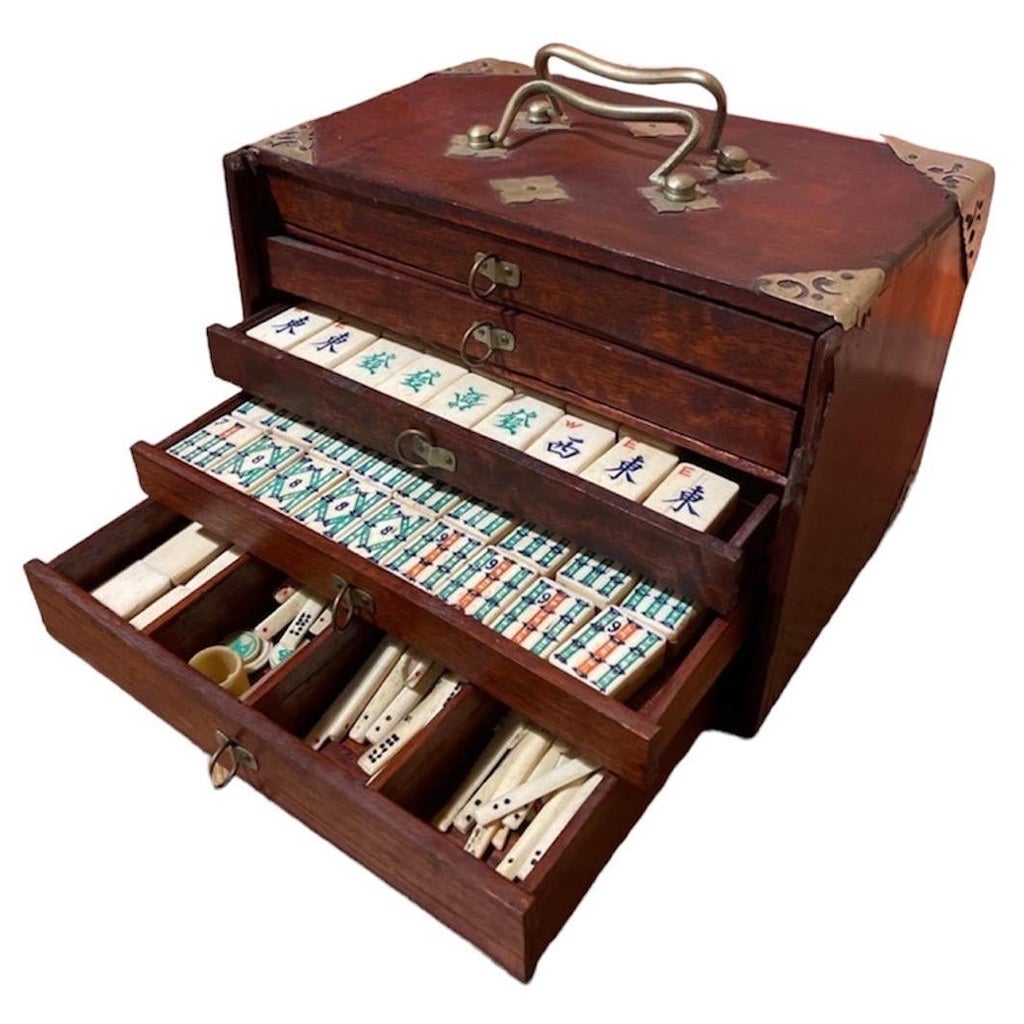 1920s Antique Mahjong Made from Bamboo and Bone Hand Carved and Painted Box Set