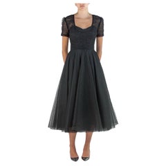 1950S Henri Bendel Custom Schwarz Rayon & Silk Tulle Cocktailkleid mit Couture 