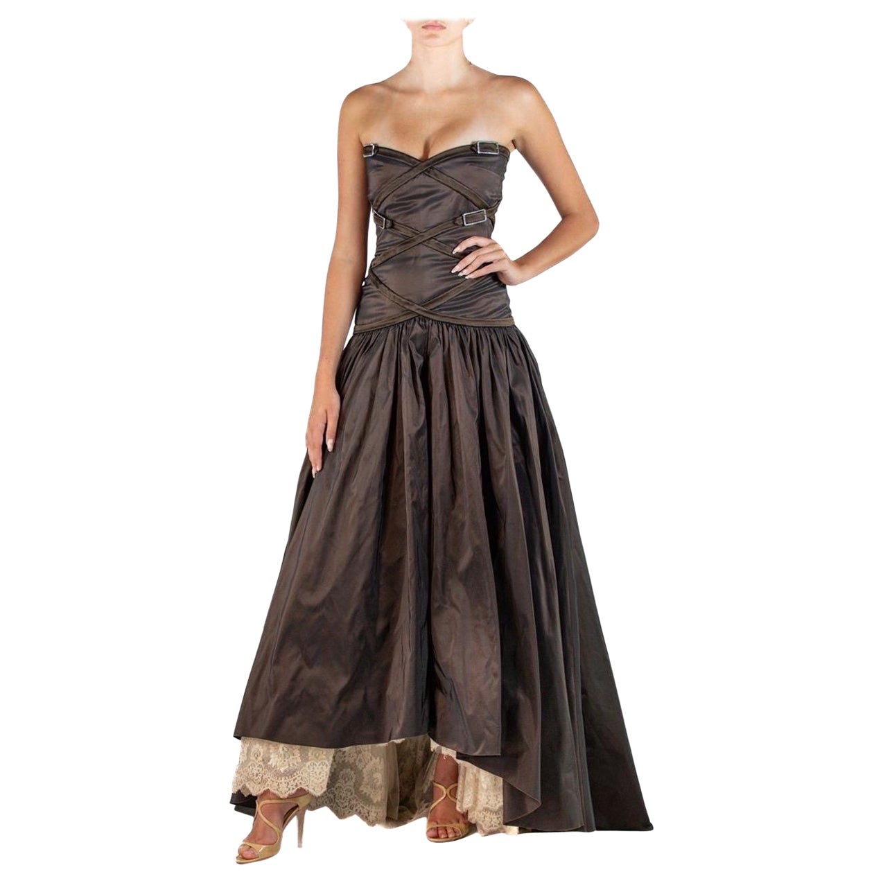 1990S Valentino Vestido sin tirantes de tafetán de seda marrón chocolate oscuro Muestra de pasarela en venta
