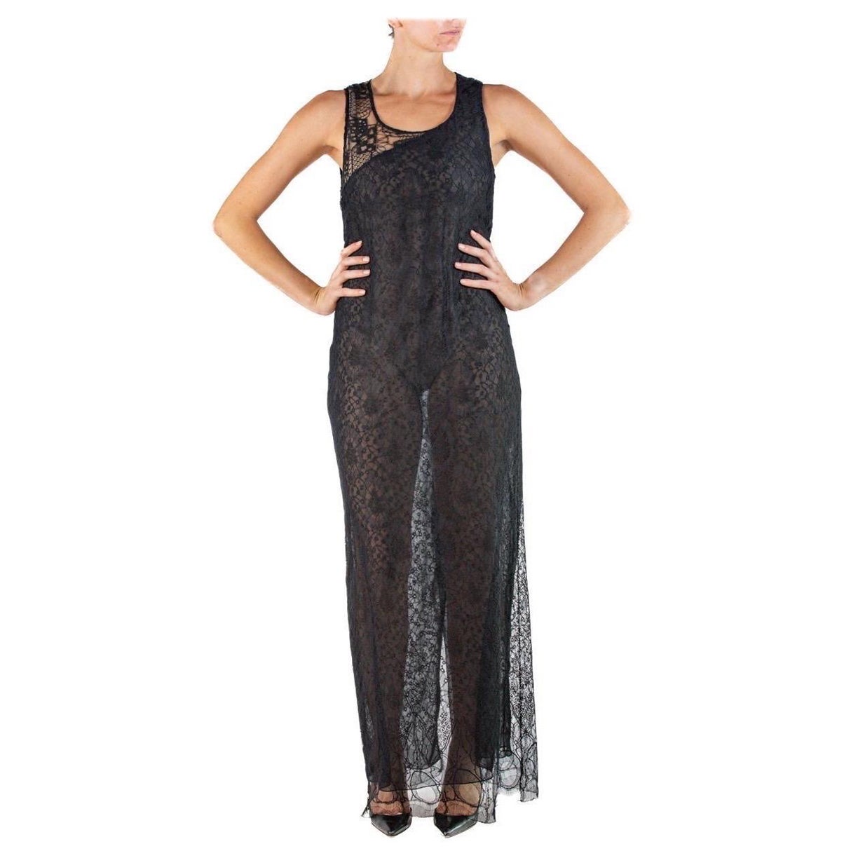 2000S Christian Lacroix Black Sheer Chantilly Lace Gown For Sale