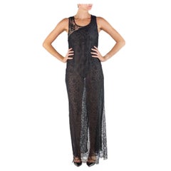 2000S Christian Lacroix Vestido negro de encaje de chantilly transparente