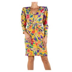 Vintage 1990S Emanuel Ungaro Yellow Floral Silk Crepe De Chine Sleeved Cocktail Dress