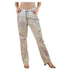 Vintage 1980S Pastel Bleached Cotton/Lycra Denim Pants With Lace & Beading