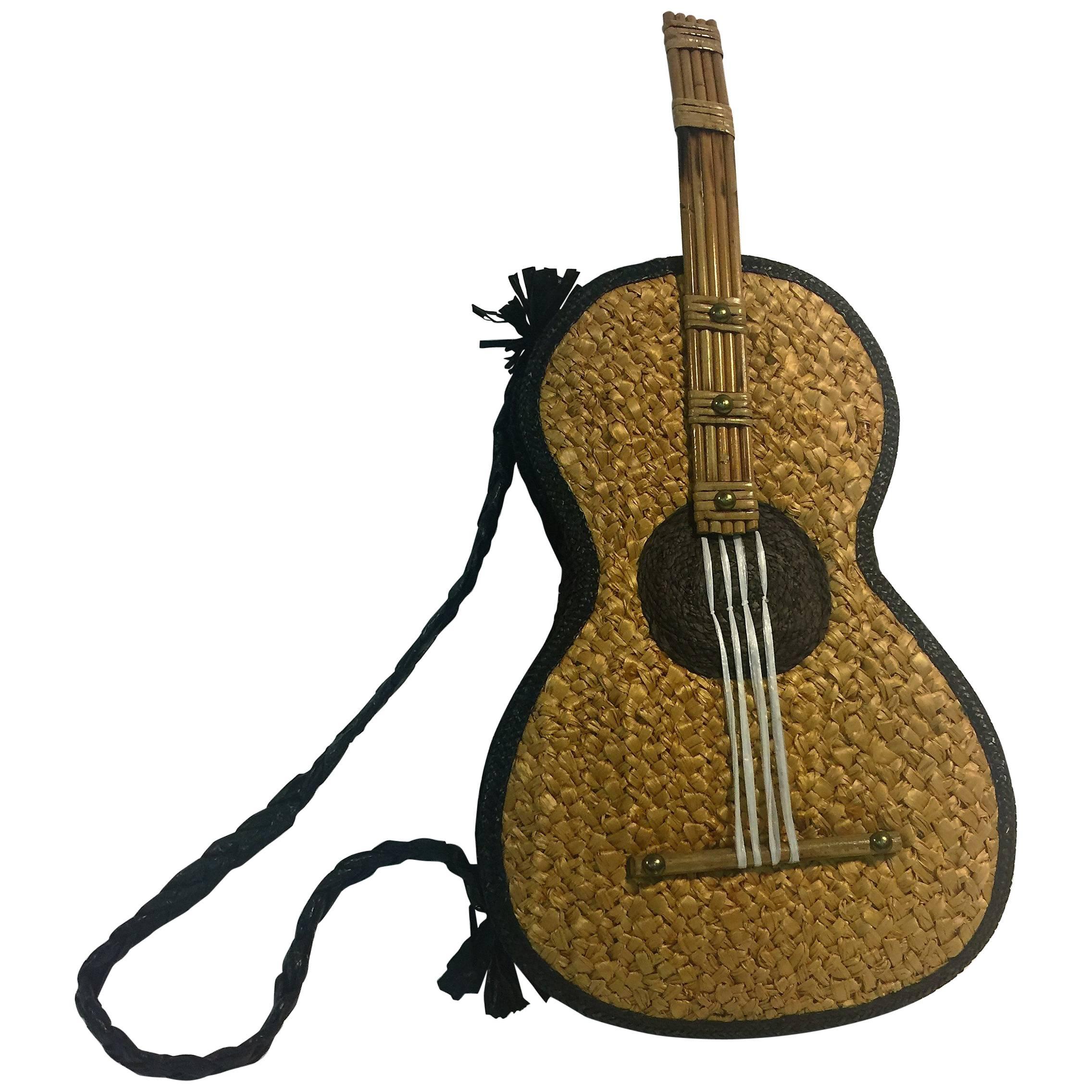 Great Rare Mid Century Raffia Guitar Handbag For Sale