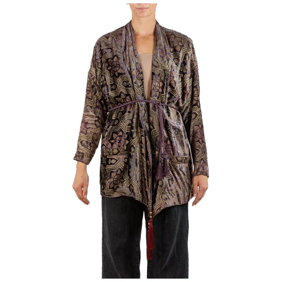 1990S Brown Hand Painted Silk Velvet Jacket With Rope Belt For Sale