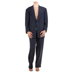 Vintage 1990S Donna Karan Navy Blue Wool Blend Crepe Bespoke Pant Suit