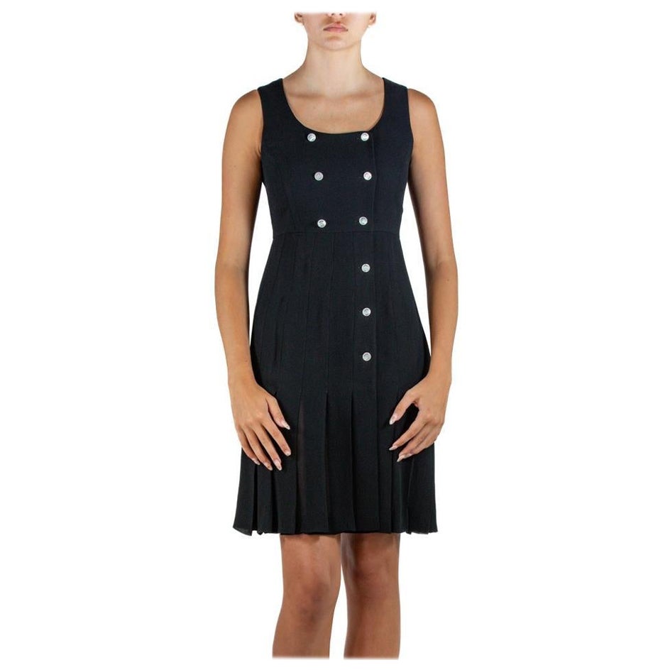 1990S Chanel Black Rayon & Silk Crepe Dress With Mother Of Pearl Logo Buttons For Sale