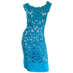 1950s Demi Couture Turquoise Vintage 50s Crochet Cut - Out Wiggle Linen Dress